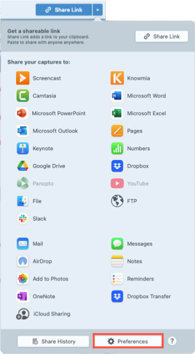 Bouton Préférences dans le menu déroulant Partage sur Mac