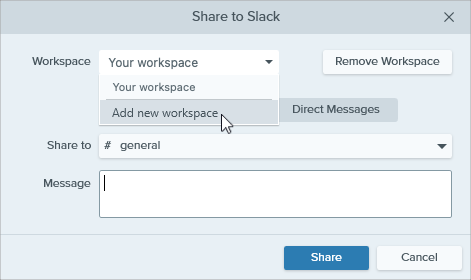 Option Ajouter un espace de travail dans le menu déroulant Espace de travail