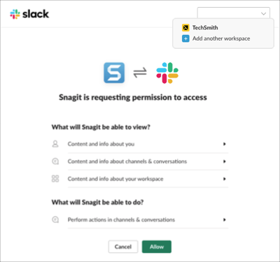 Fenêtre des autorisations Slack