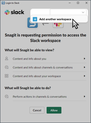 Ajouter un premier espace de travail dans la boîte de dialogue des autorisations Slack