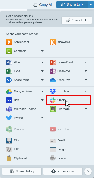 Destination Slack dans le menu Partage