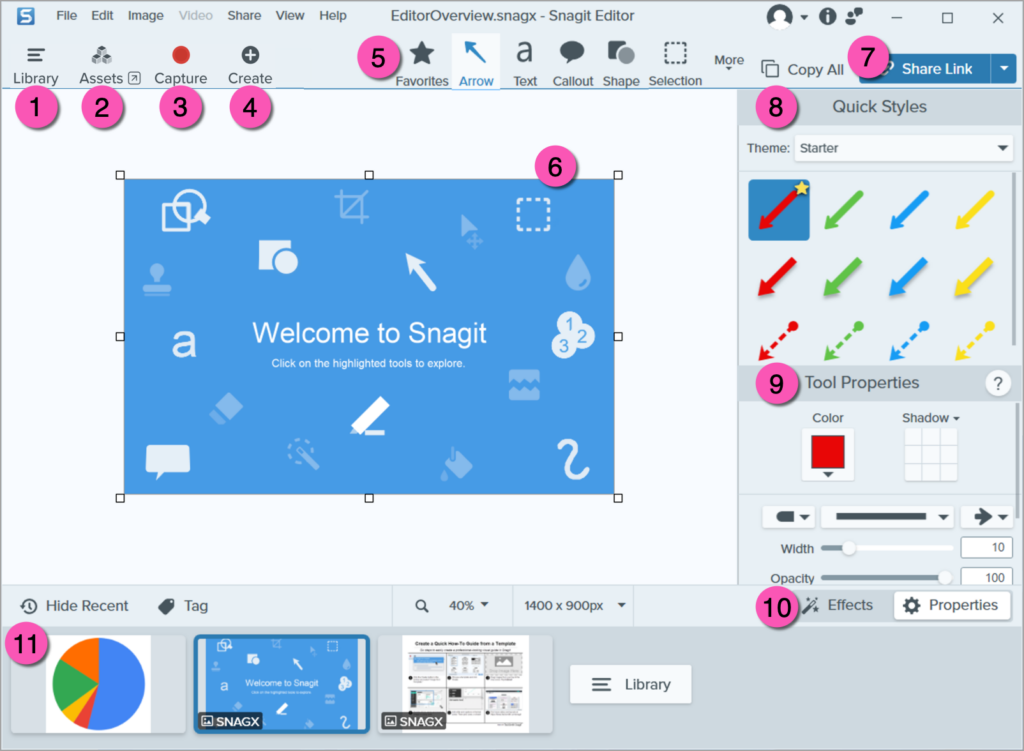 Snagit Editor avec des étiquettes numérotées