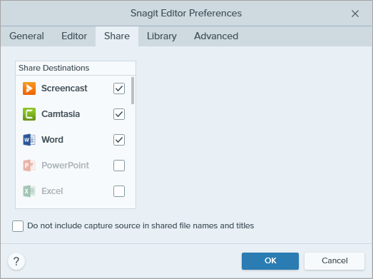 Caixa de diálogo Compartilhar preferências no Snagit para Windows