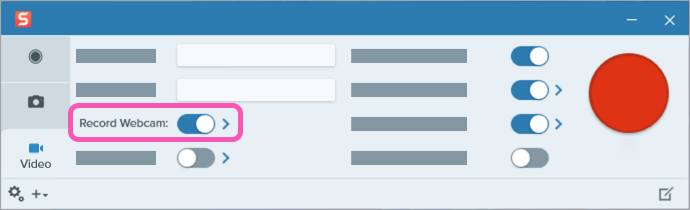 Bascule de la webcam et flèche permettant d’accéder aux options dans la fenêtre de capture Snagit