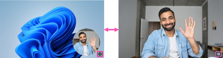 Exemple de changement de la webcam du mode Image en incrustation au mode Webcam en plein écran