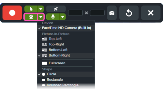 Boutons d’enregistrement et des options de la webcam dans la barre d’outils d’enregistrement vidéo