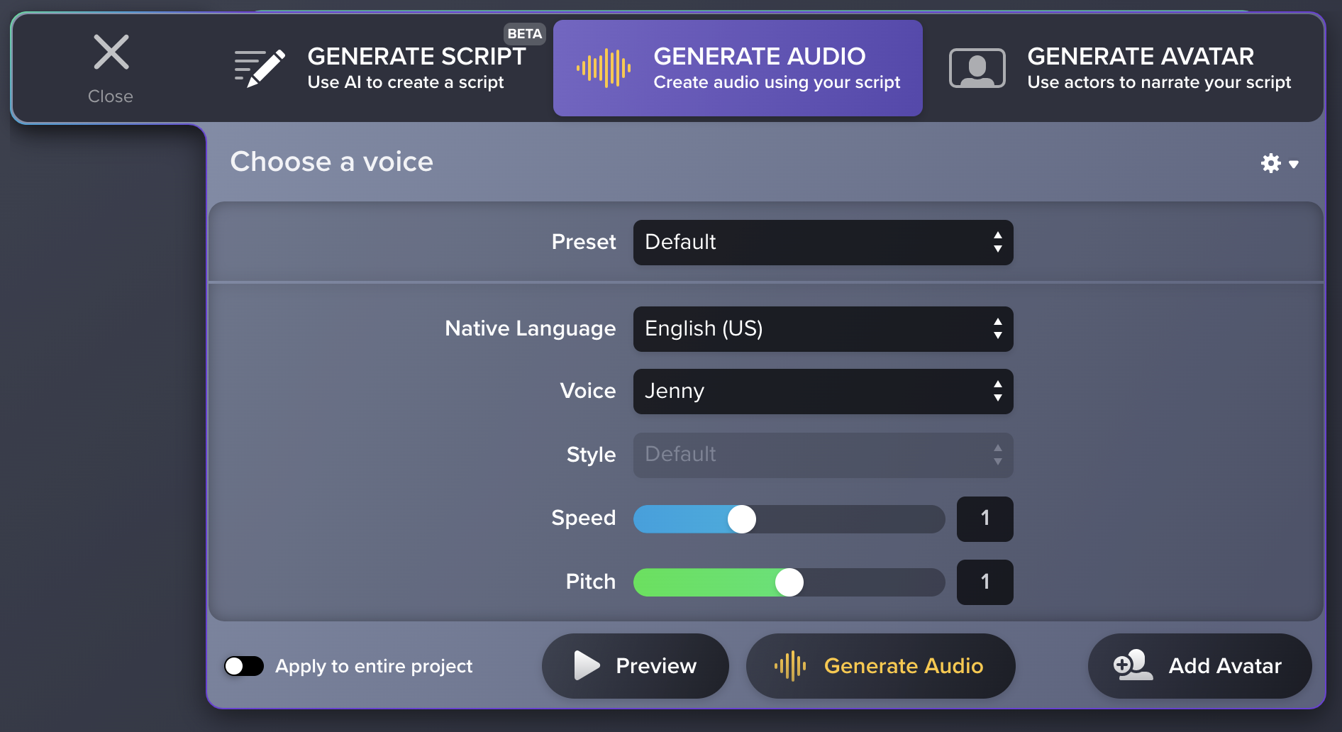 Onglet Generate Audio (Générer l’audio)