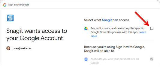 Caixa de diálogo do Google para permitir acesso ao Snagit