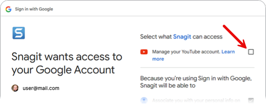 Caixa de diálogo do YouTube para permitir acesso ao Snagit