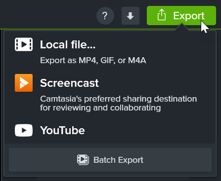 Camtasia Editor Export menu