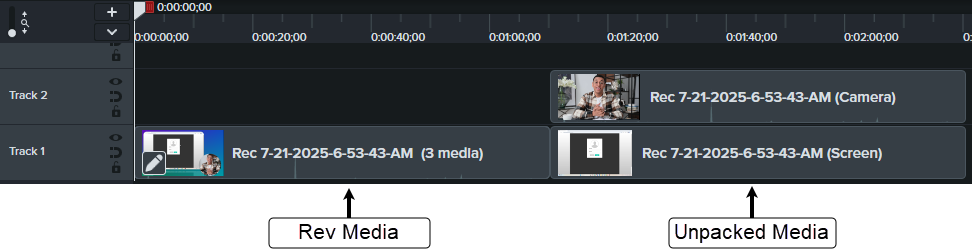 Rev-Medienclip und entpackte Medienelemente auf der Timeline