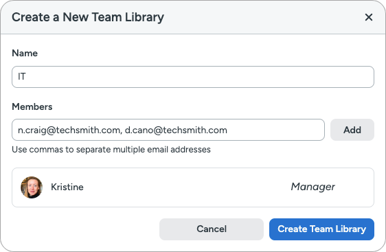 Create a New Team Library dialog