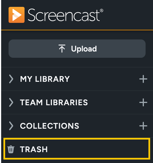 Trash button in the Screencast Library sidebar
