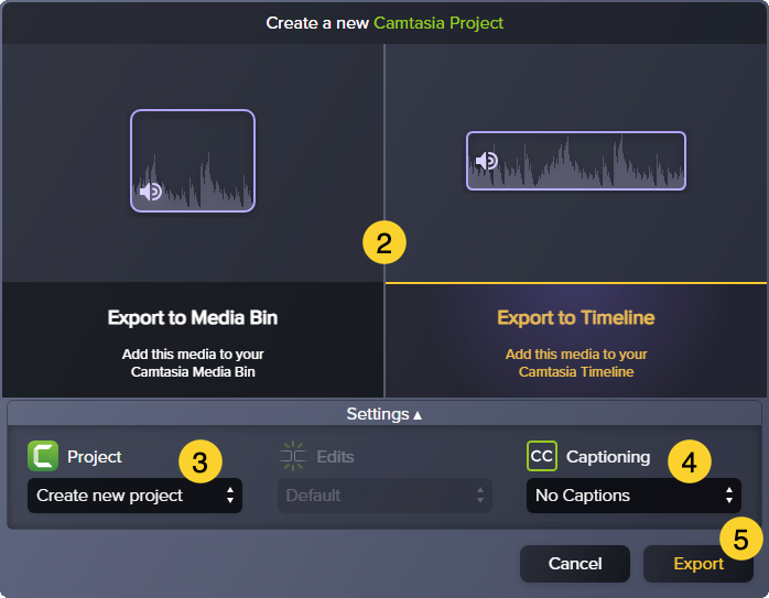 Dialog für den Export nach Camtasia Editor
