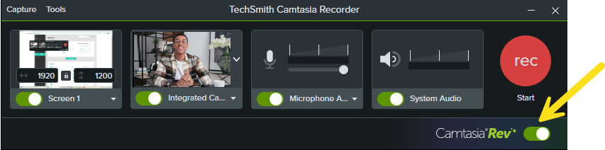 Bouton bascule Rev dans Camtasia Recorder