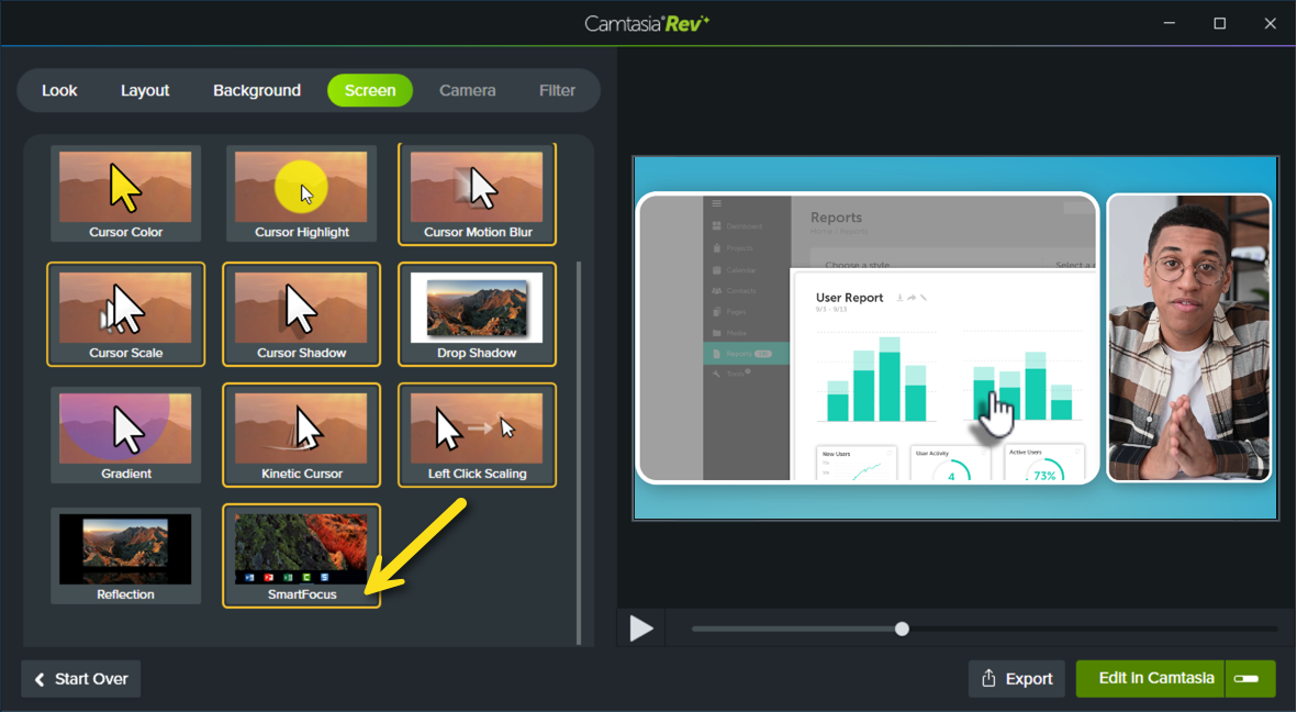 Effet SmartFocus dans Camtasia Rev