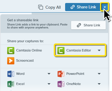 Camtasia Editor en el menú Compartir de Snagit