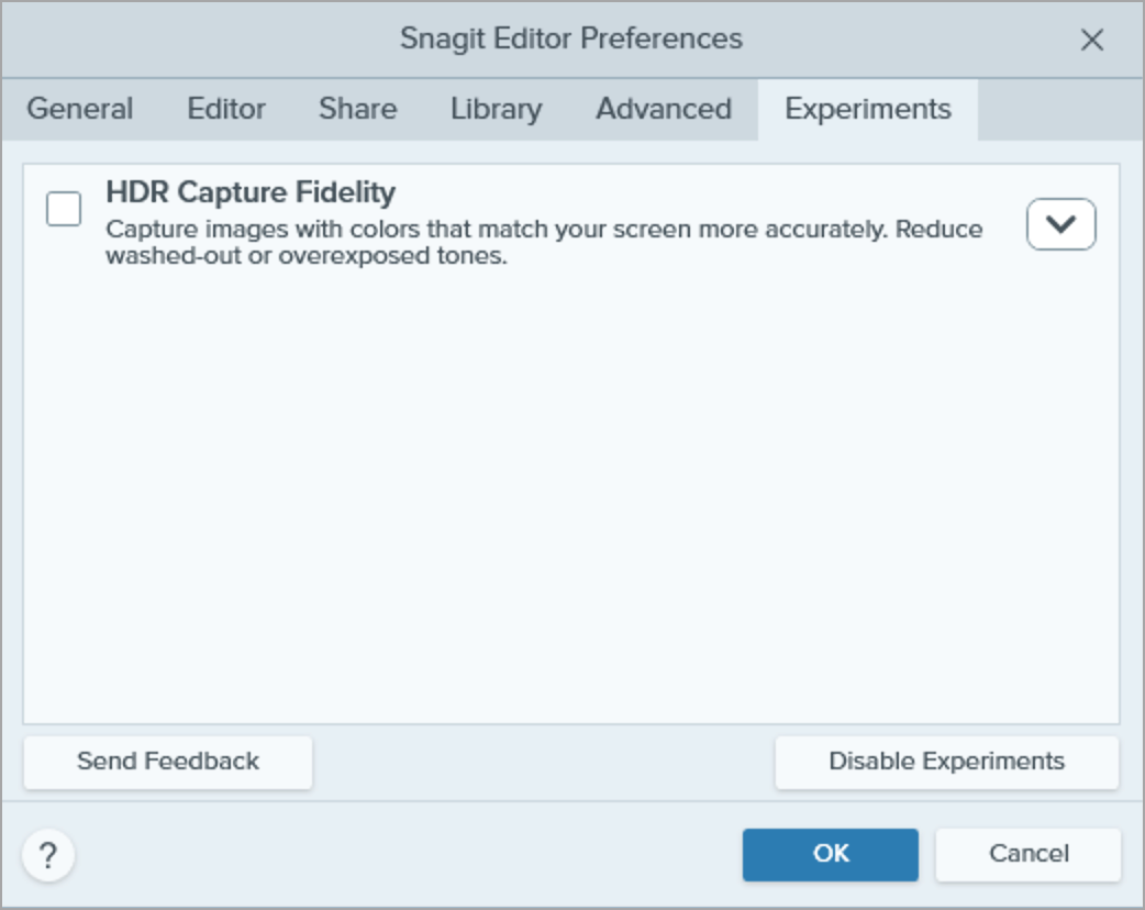 Tab „Experimente“ in den Editor-Voreinstellungen