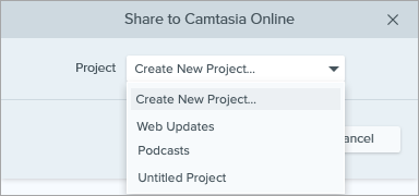 Dialogfeld „Weitergabe an Camtasia Online“