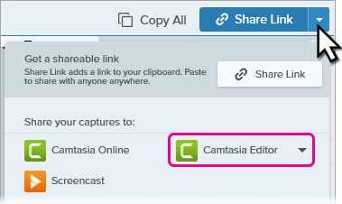 Option „Camtasia Editor“ im Weitergabe-Menü