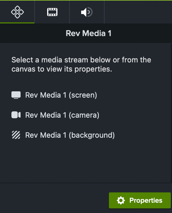 Rev Media Streams tab in properties