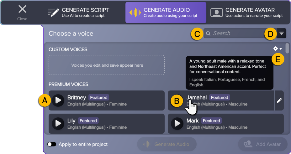 Screenshot of the Generate Audio tab with labels for voice preview, voice name, search, filter, and audio quality settings
