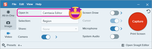 Ventana de captura de vídeo con la opción Abrir en Camtasia Editor