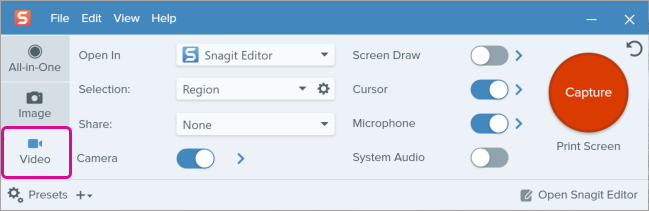 Video tab in the Capture Window