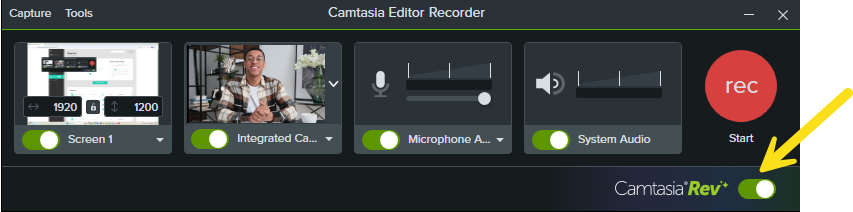 Camtasia Rev toggle option in the Recorder
