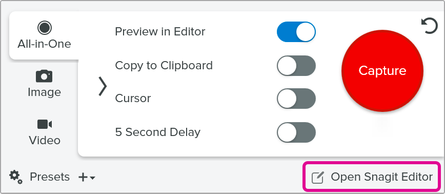 Schaltfläche „Editor öffnen“ im Capture-Fenster
