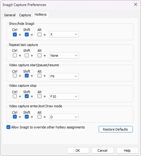 Hotkey preferences dialog on Windows