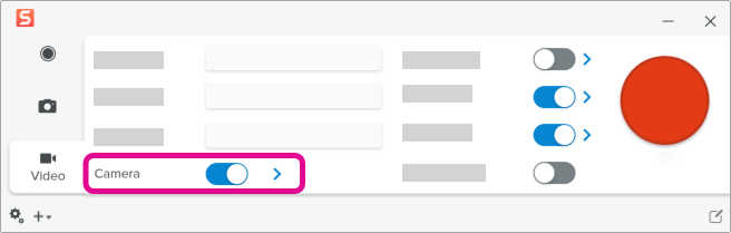 Bascule de la caméra et flèche permettant d’accéder aux options dans la fenêtre de capture Snagit
