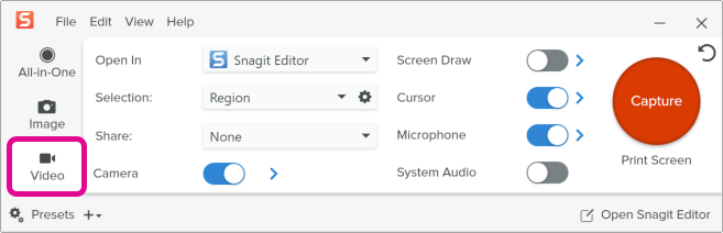 Tab „Video“ im Capture-Fenster