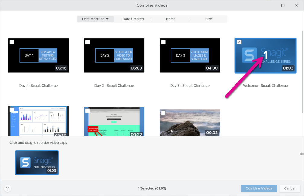 Combinar vídeos con un vídeo seleccionado
