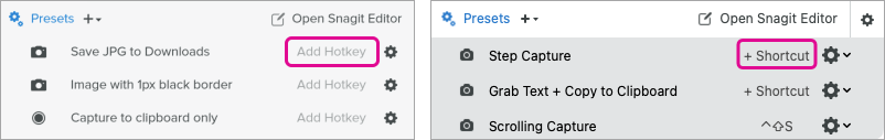 Option „Kurztaste hinzufügen“ (Windows) / „+ Tastenkombination“ (Mac) im Dropdown-Menü „Profile“