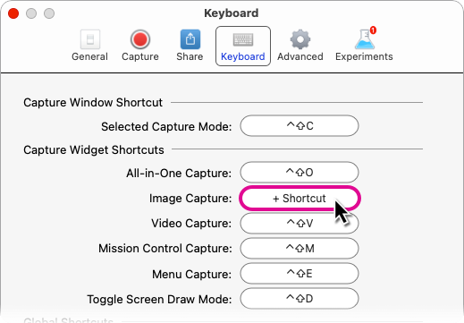Keyboard shortcut settings in Snagit for Mac