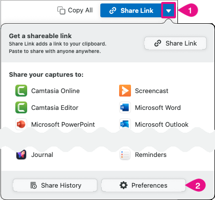 Einstellungen für die Weitergabe in der Weitergabe-Dropdownliste von Snagit für Mac