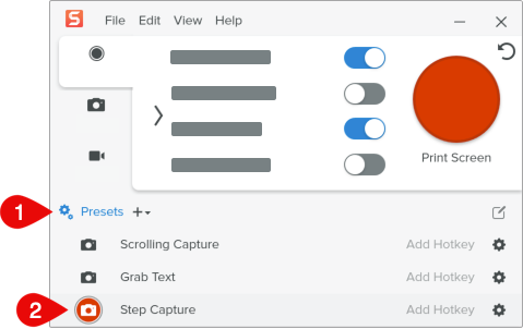 Capture par étapes dans le menu des présélections de capture