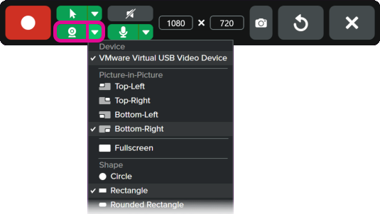 Boutons d’enregistrement et des options de la caméra dans la barre d’outils d’enregistrement vidéo