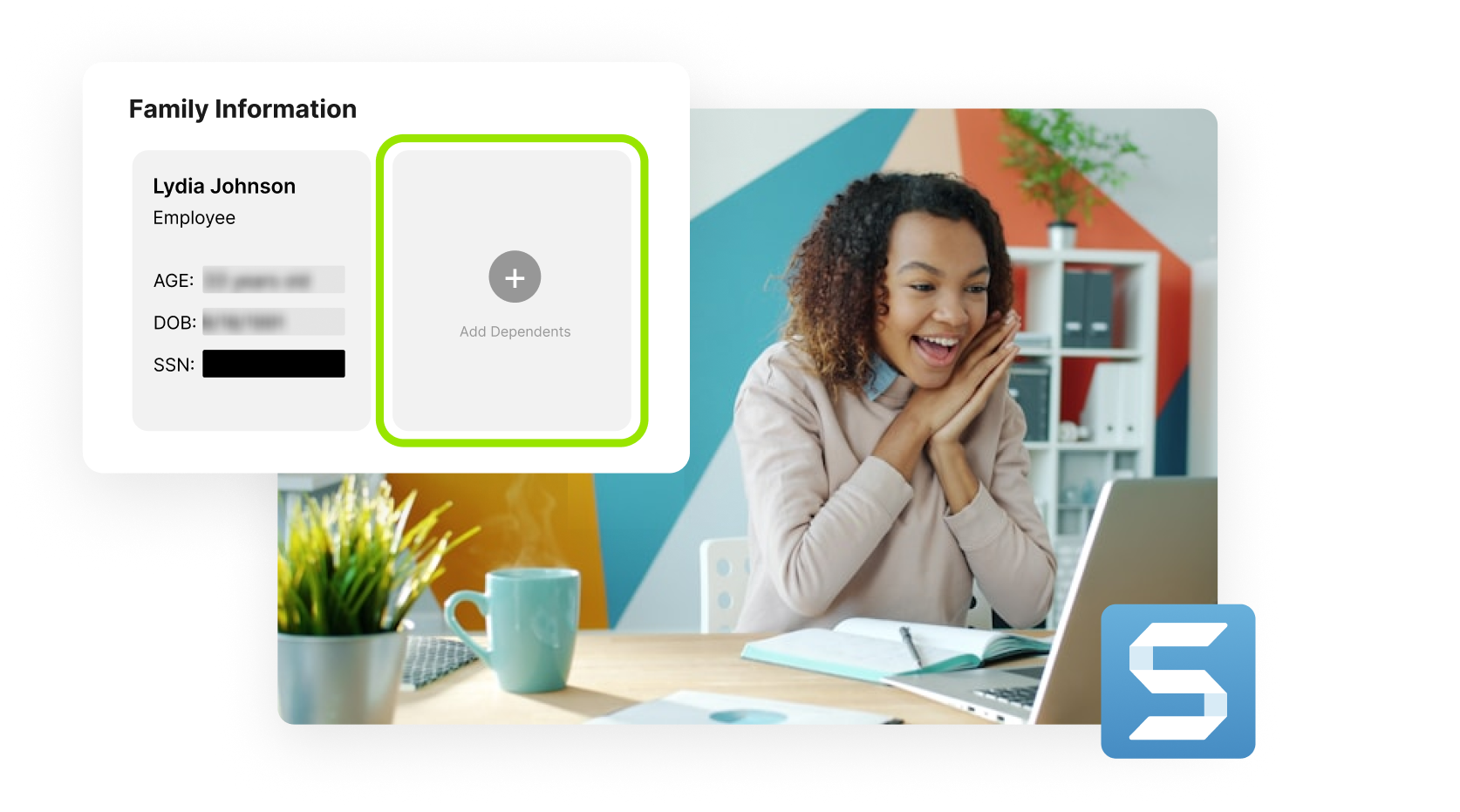 Smiling woman at desk working on laptop reviews a screenshot of family information, sensitive text is pixelated.