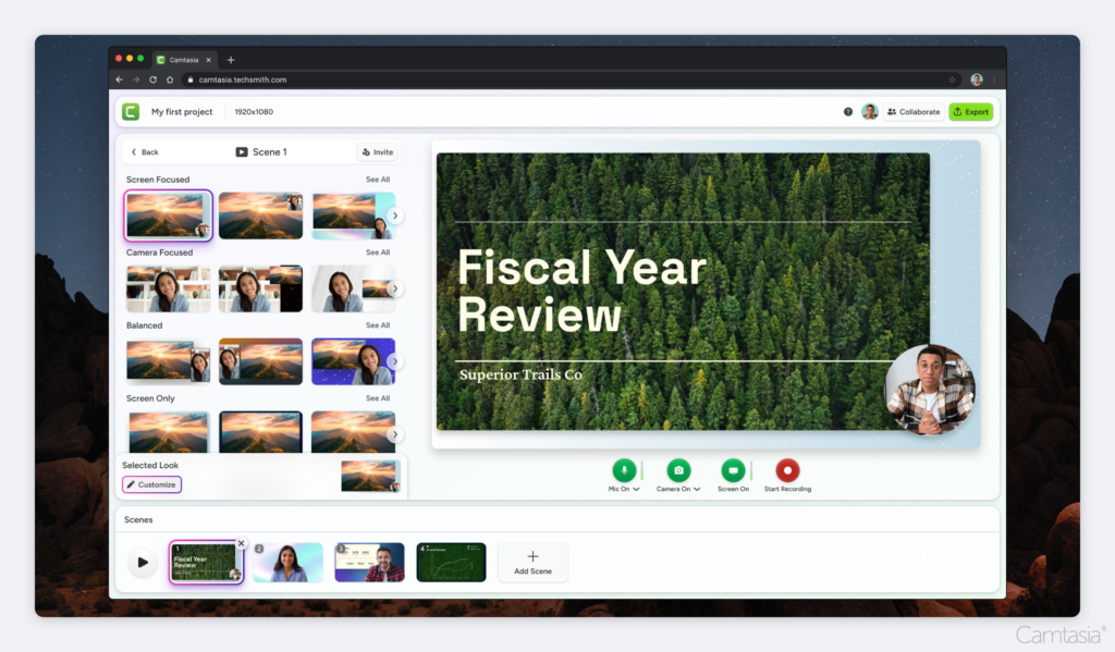 Camtasia online free screen recorder with screen content and camera content balancing options.