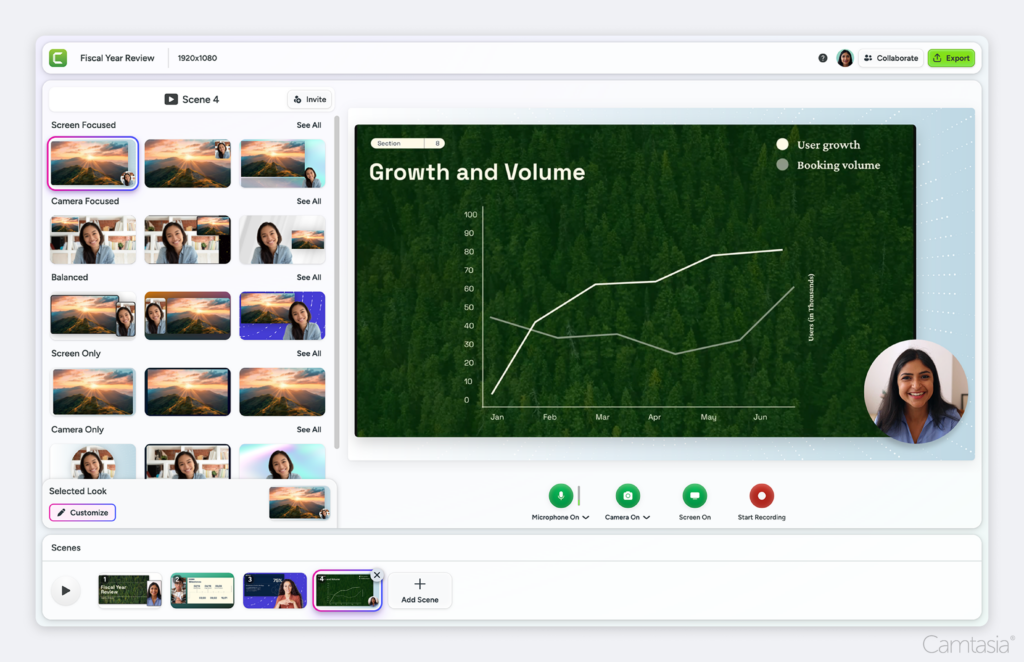 Camtasia online free screen recorder with screen content and camera content balancing options.