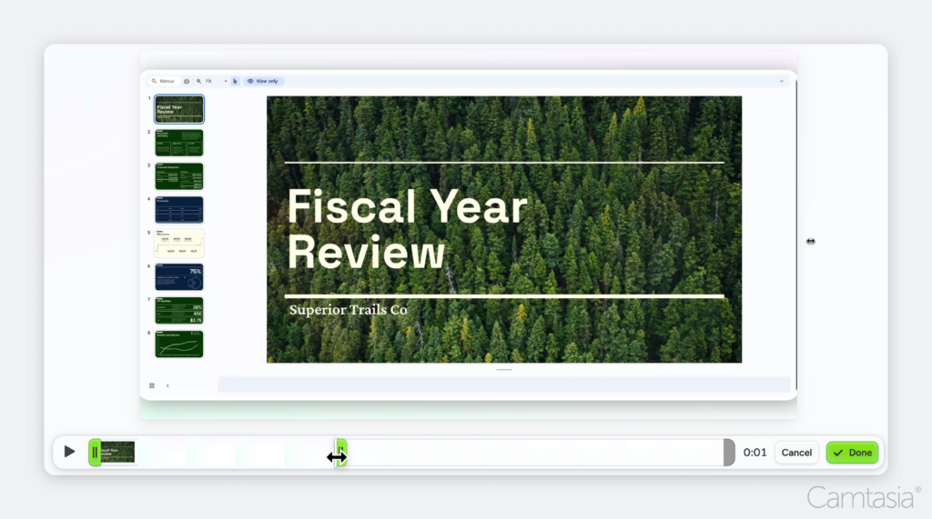 Camtasia online's ability to trim individual scenes.