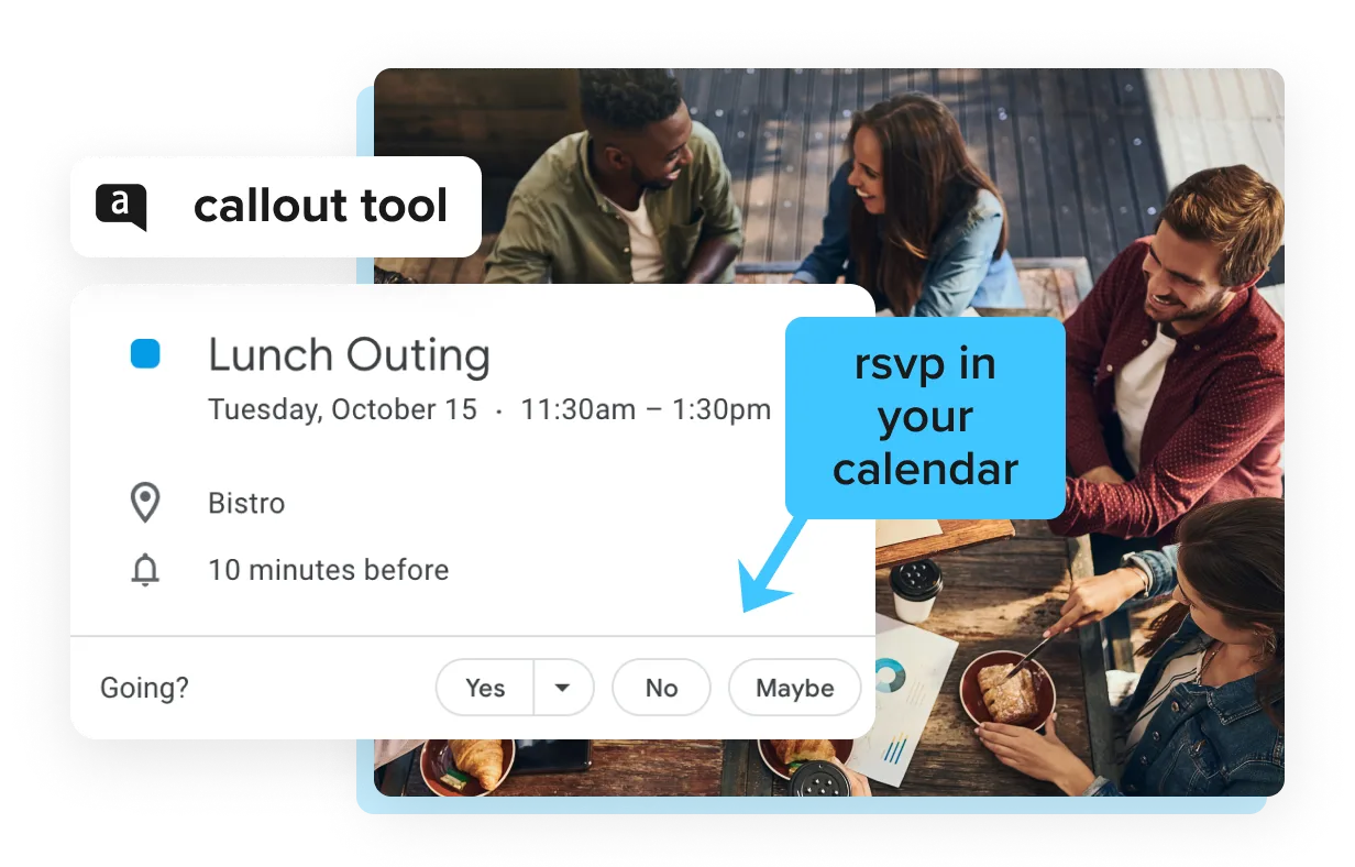 Screenshot with a callout box highlighting a calendar event titled "Lunch Outing" with the caption "rsvp in your calendar"
