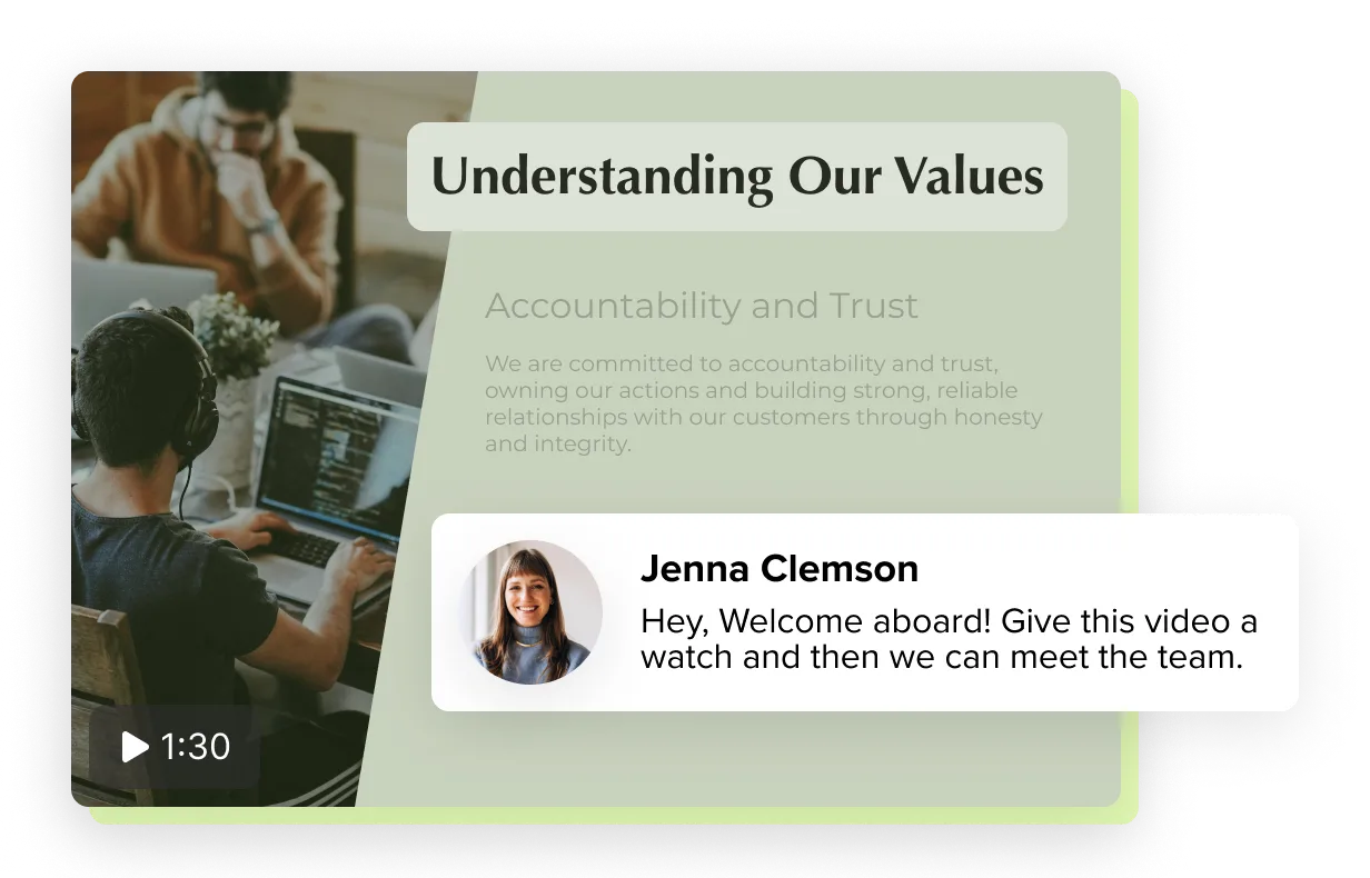Screenshot of an Onboarding video titled "Understanding our Values" with a highlighed comment by "Jenna Clemson" which reads "Hey, Welcome aboard! Give this video a watch and then we can meet the team."