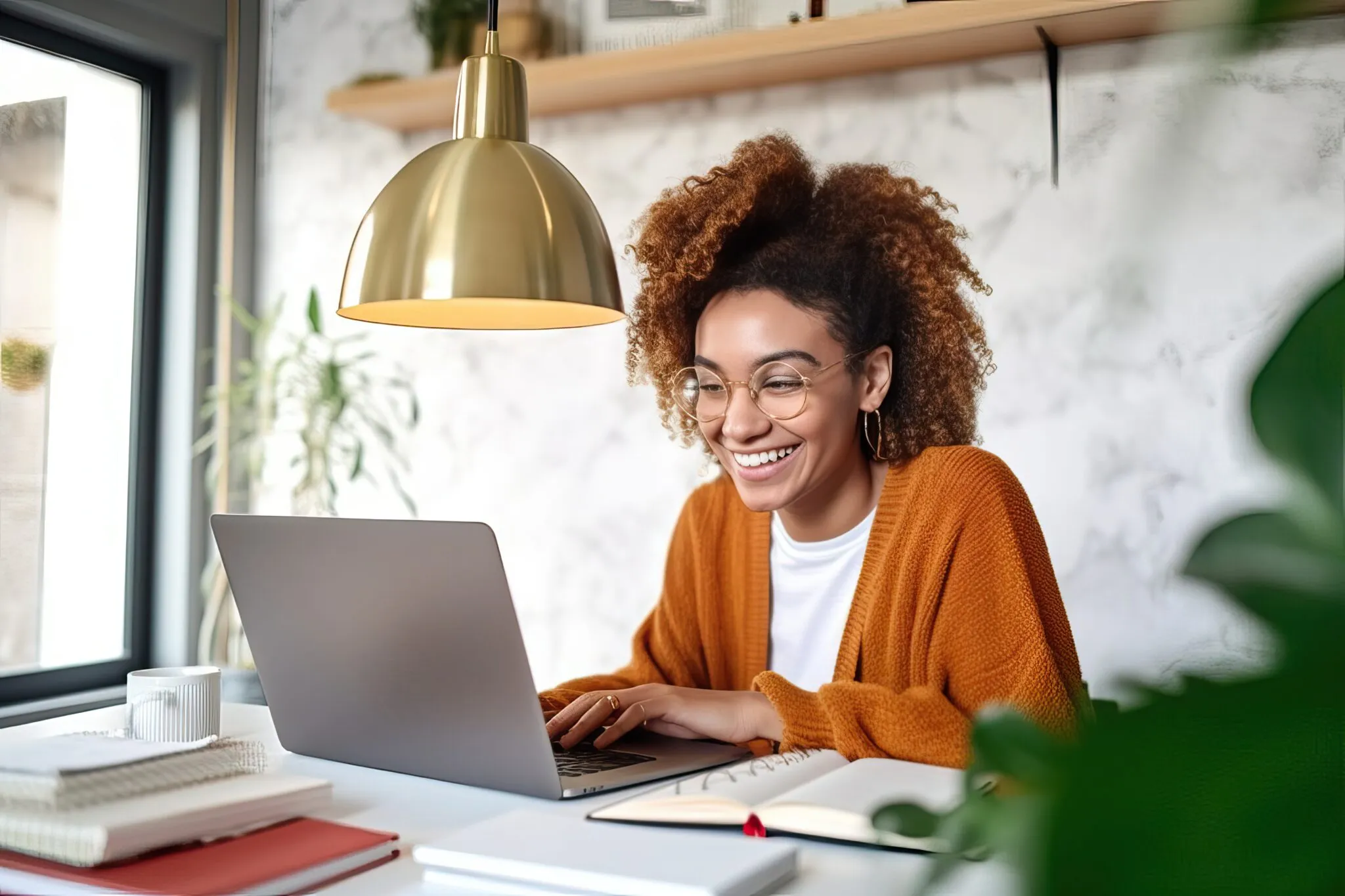 woman smiling at computer screen
