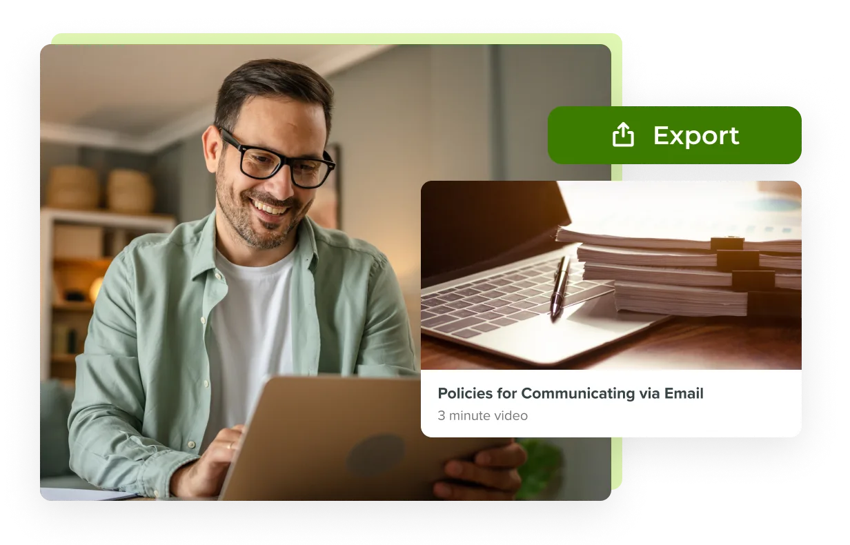 Composite graphic of a man exporting a video titled "Policies for Communicating via Email" with the caption "3 minute video"