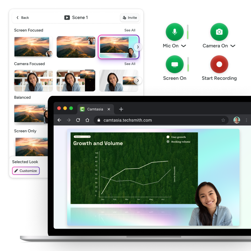 Camtasia online screen recorder interface showing layout options, recording controls, and a preview of a screen recording with a presenter’s camera feed overlay.