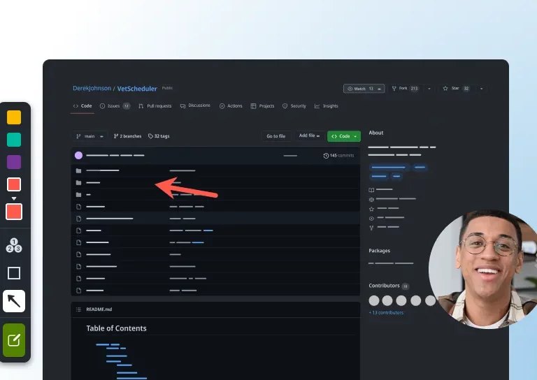 TechSmith team-communication image—Snagit annotation toolbar beside a GitHub repository screenshot with a red arrow pointing to a file, plus a circular video-call overlay of a smiling teammate, illustrating async code-review collaboration.