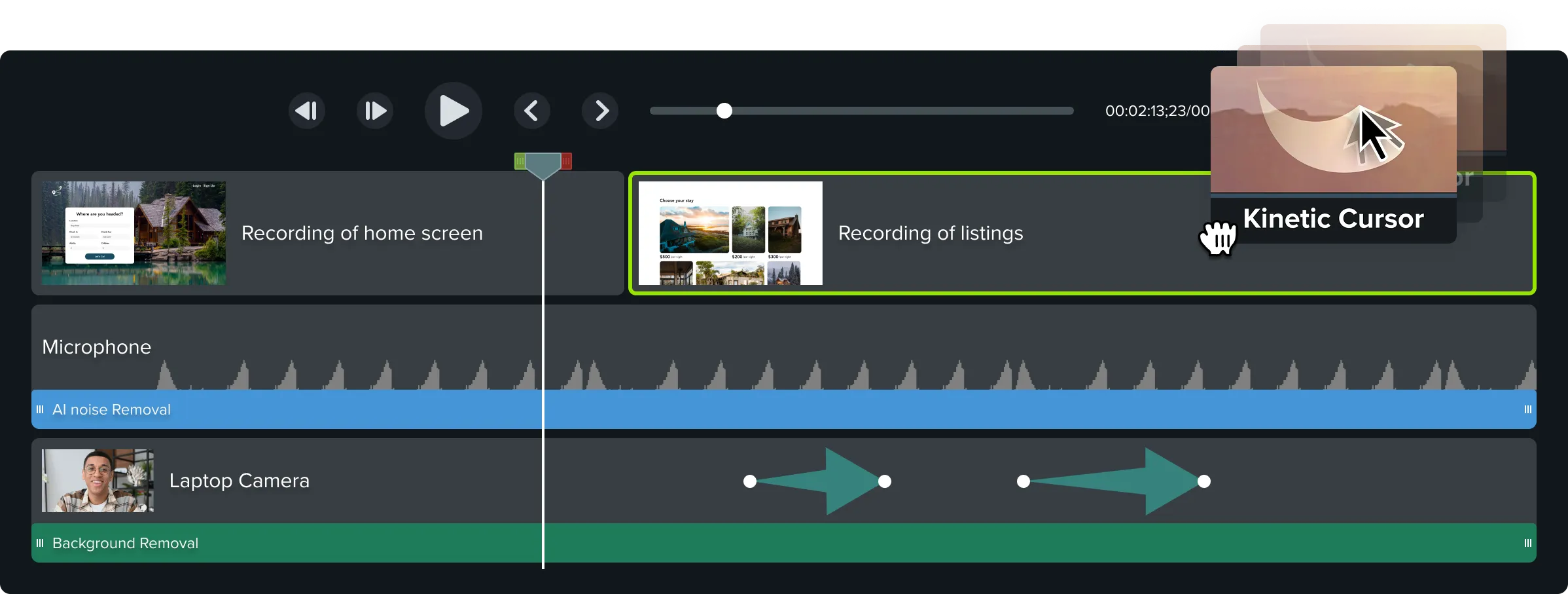 The camtasia timeline is shown with several pieces of media and effects on them, a cursor is dragging the kinetic cursor effect onto a recording track